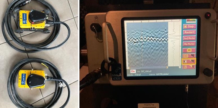 GPR radargram displaying hyperbolic diffraction signatures characteristic of rebar mesh in a concrete slab — concrete scanning Tasmania