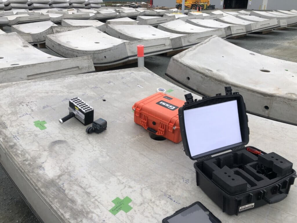 Precast concrete QA/QC NDT testing Tasmania Victoria — GPR and ultrasonic equipment on precast panels